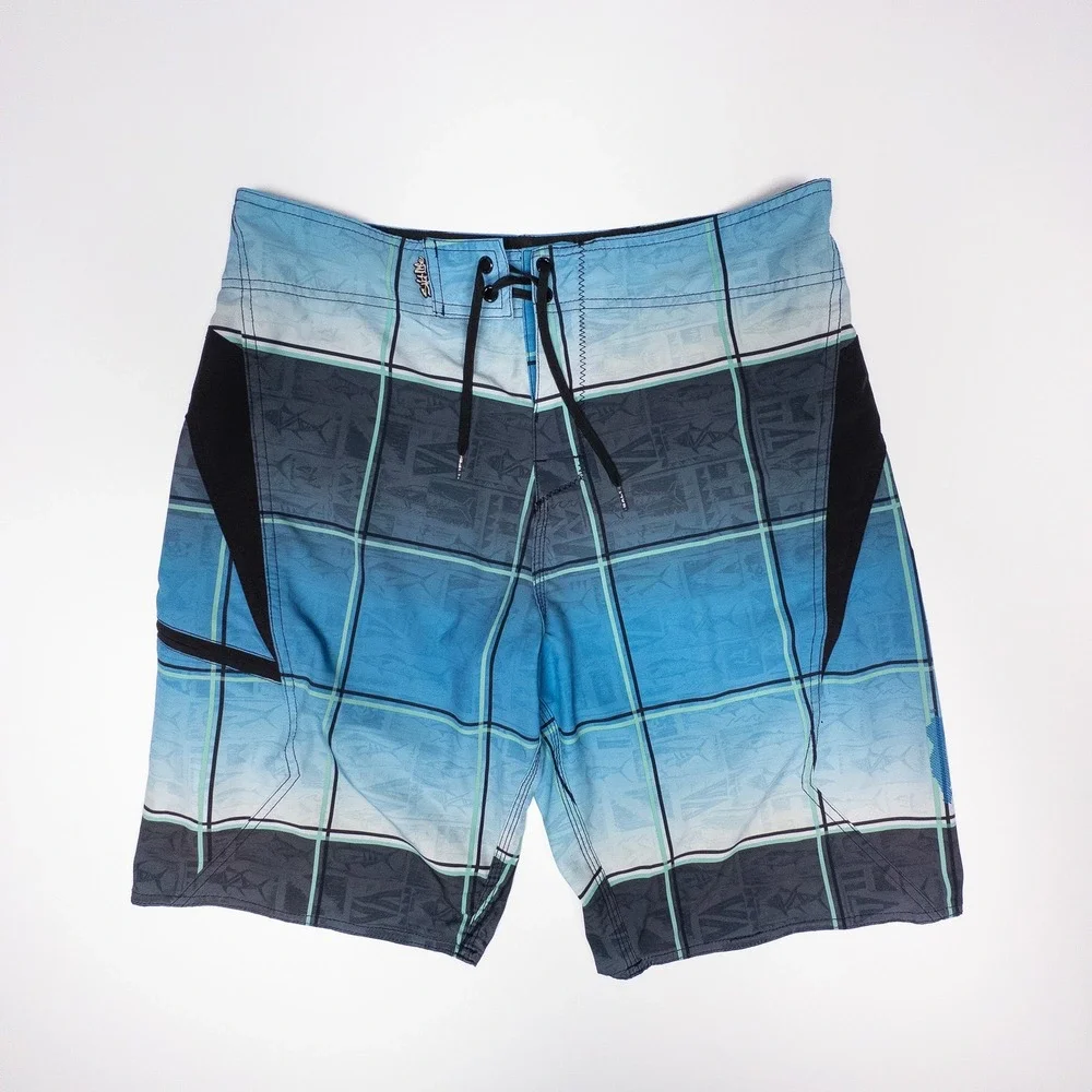 Salt Life Plaid Board Shorts SLX-QD Vapor Stretch Swim Trunks‎ Blue Size 34